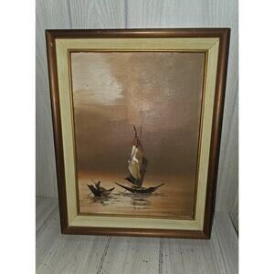 Vtg Zablan Filipino Fishing Boats Sunset Framed Oil Painting Canvas Mid Century